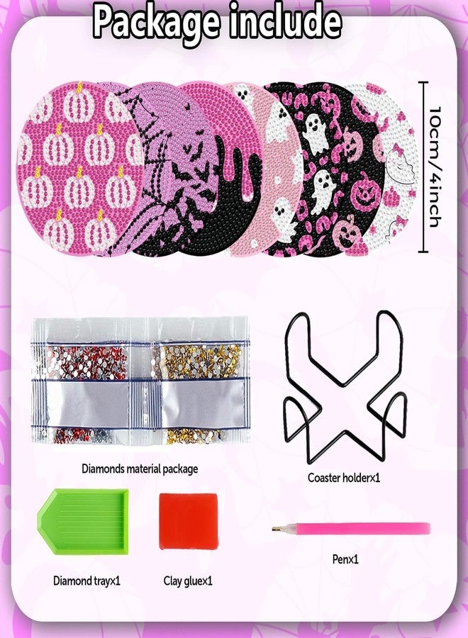 Denylo pro 8 Pcs Halloween Diamond Art Painting Coasters Kits with Holder DIY Pink Halloween Diamond Art Coaster for Adults - Image 2